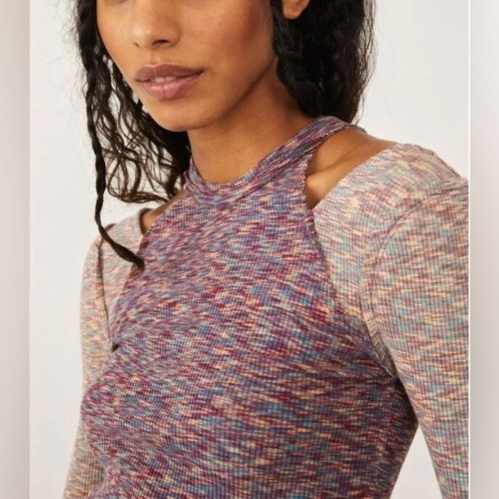 Multicolor Ribbed Long-Sleeve Cutout Top - Women